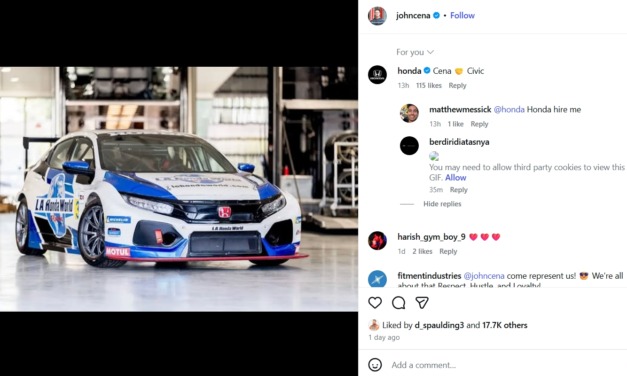 WWE Star & Actor John Cena Posts Image of Precision Racing LA Michelin Pilot Honda on Instagram